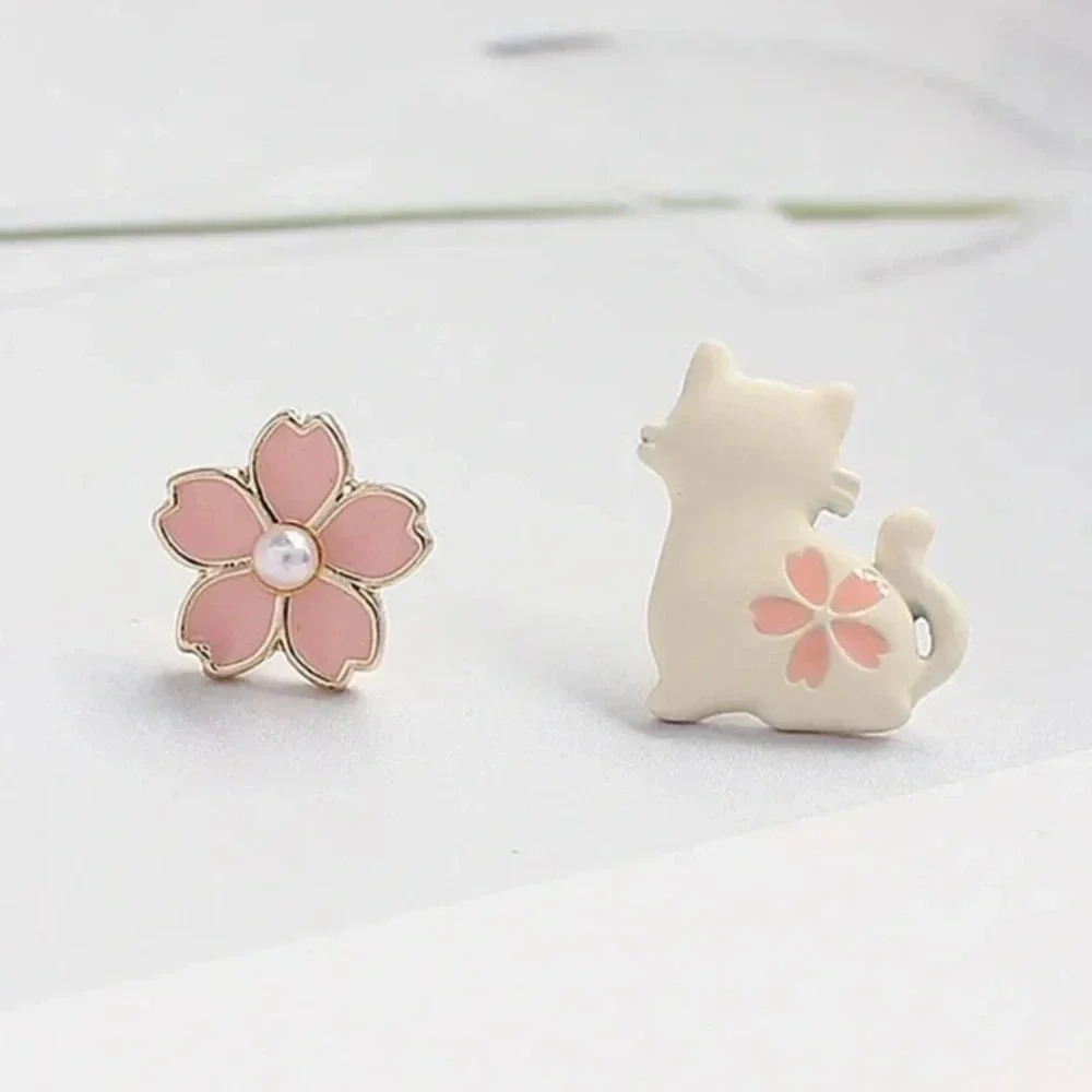 Pink flower and white cat mismatched stud earrings cat lovers spring summer fall